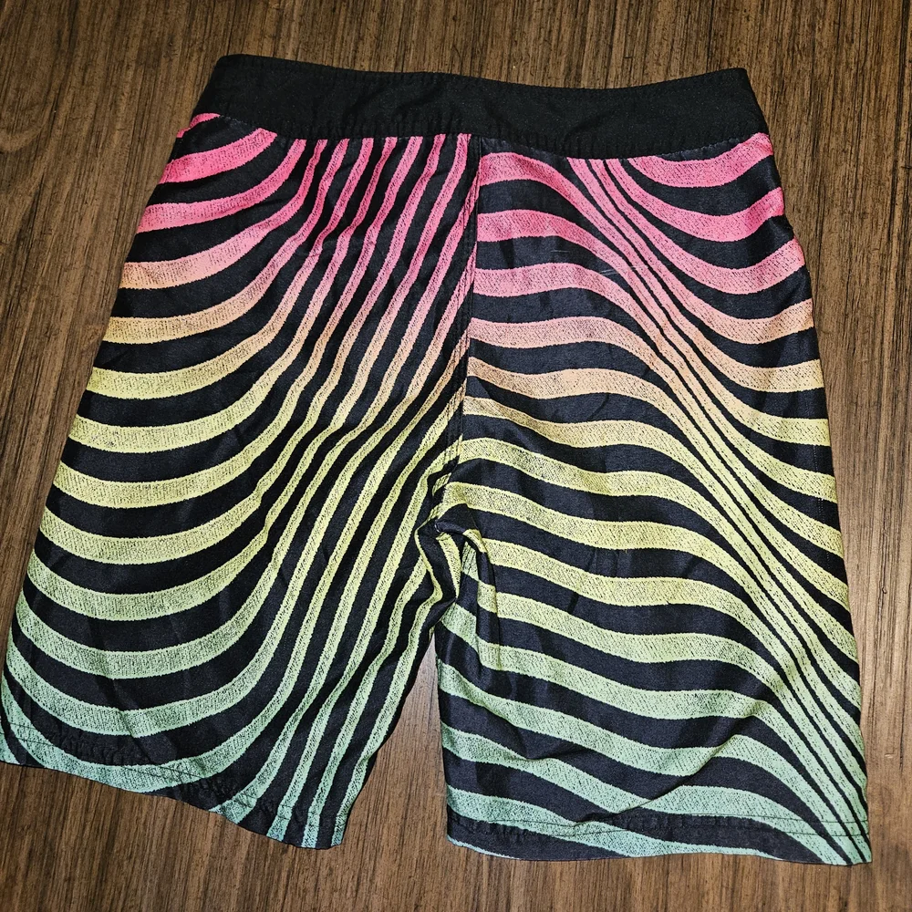 Hurley Kids Black and Neon Striped Swim Trunks Size 10